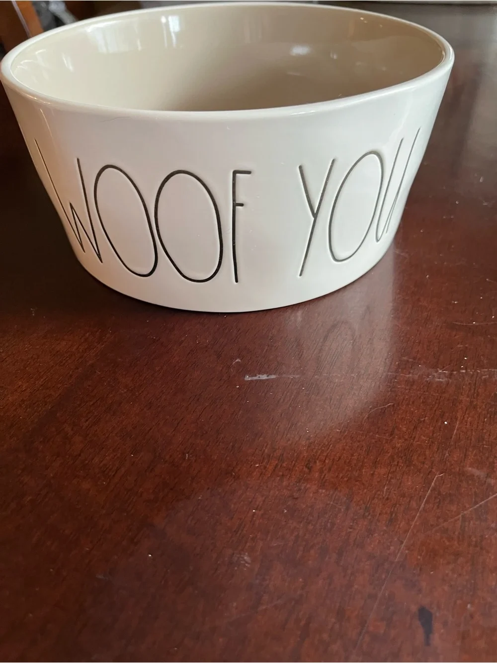 Rae Dunn White Ceramic Pet Bowl  I Woof You” black letters